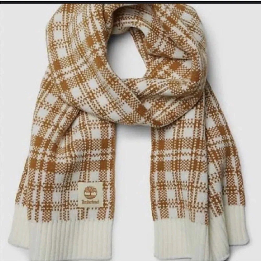 Timberland Buffalo Plaid Tan White Knit Unisex Winter Scarf NWT Fall Casual